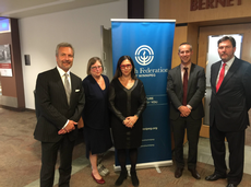 From R-L: The Honourable Richard Wagner, Justice of the Supreme Court of Canada, Adam Levine, President of the Jewish Federation of Wpg, Laurel Malkin, Vice President of the Jewish Federation of Wpg, Elaine Goldstine, CEO of the Jewish Federation of Wpg, and the Honourable Glen Joyal, Chief Justice of the Court of Queen's Bench of Manitoba