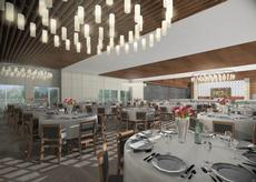 Rendering of Renovated Shaarey Zedek Synagogue enlarged dining hall with Bima and Aaron Hakodesh in background.