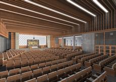 Rendering of Renovated Shaarey Zedek Sanctuary with moveable padded seats