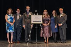 Gail Asper  O.C., O.M., LL.D and Dr. Michael Paterson receiving their citation from the JNF L-R: Nola Lazar, David Greaves, Dr Michael Paterson, Gail Asper, Anita Wortzman, and Larry Vickar