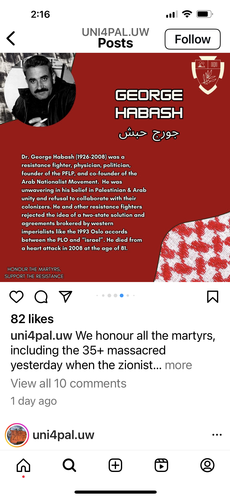 Screenshot of post on instagram Honouring George Habash