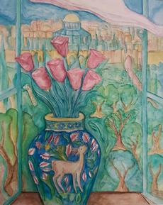 painting from the vantage point of Mount Scopus which had been an isolated enclave until Israel captured the Old City of Jerusalem and the West Bank from Jordan in the 1967 War. painting by Rhonda Spivak